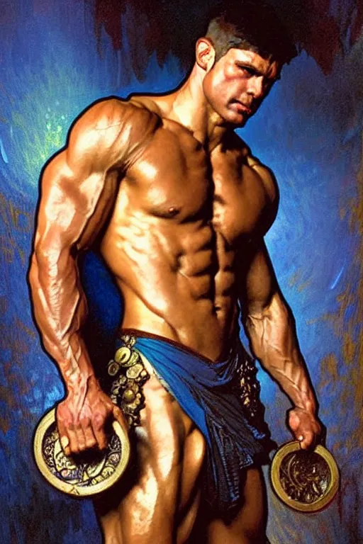 Prompt: a muscular man holding blue diamonds, fantasy, painting by greg rutkowski and alphonse mucha