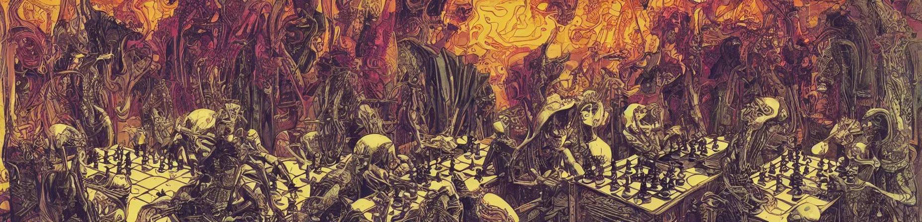 Prompt: chess set, taro deck card king and psychedelic grainshading print by moebius, richard corben, wayne barlowe, cyberpunk comic cover art, psychedelic triangular skeleton, very intricate, thick outline, full body, symmetrical face, long black crown, in a shapes background, galactic dark colors