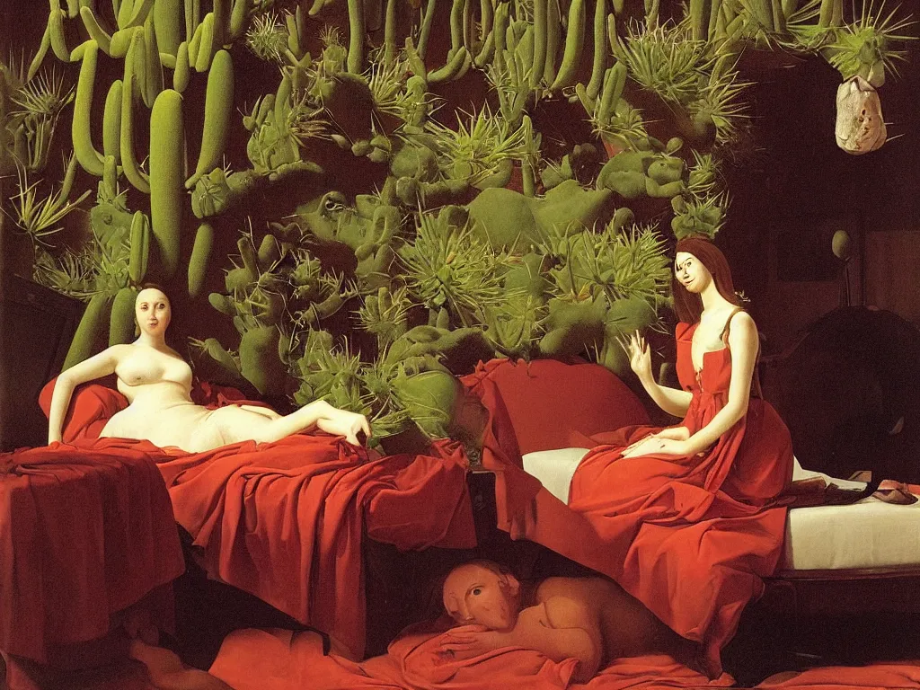 Prompt: Portrait of young woman sitting on the bed, with eyes closed, with strange surreal cacti and two large lizards. Painting by Georges de la Tour