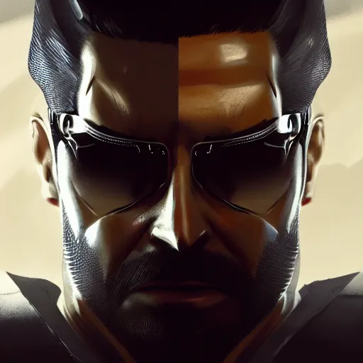 Prompt: Adam Jensen from Deus Ex as Gigachad, by Cedric Peyravernay, highly detailed, cinematic concept art, dramatic lighting, trending on ArtStation