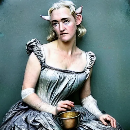 Prompt: A 18th century, messy, silver haired, (((mad))) elf princess (look like ((young Kate Winslet))), dressed in a silvery ((ragged)), beautifull dress, is ((drinking a cup of tea)). Everything is underwater! and floating. Greenish blue tones, theatrical, (((underwater lights))), high contrasts, digital art by Tim Burton