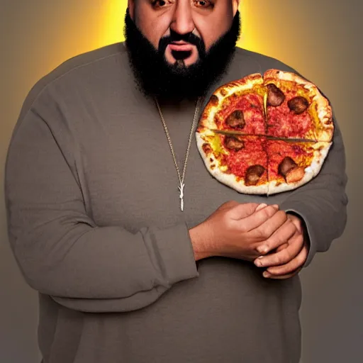 Prompt: a highly detailed realistic photographic render dj khaled with Cosmo Kramer hairstyle with holding slices of pizza, religious sculpture, cinematic lighting, cinematic scene, Volumetric lighting, Atmospheric scene, Dark, Horror, Atmospheric lighting, Global illumination, realistic, photo realism, hyper realistic, hyper realism, photo realisitc, cinematic render, film, beautifully lit, ray traced, octane 3D render, octane render, unreal engine