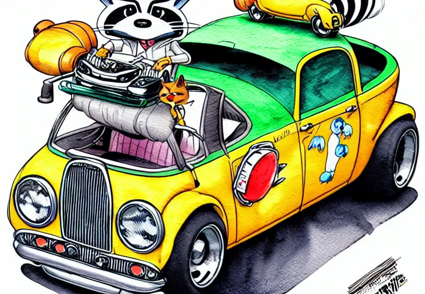 Image similar to cute and funny, racoon riding in a tiny hot rod coupe with ( very ) oversized engine, ratfink style by ed roth, centered award winning watercolor pen illustration, isometric illustration by chihiro iwasaki, edited by range murata