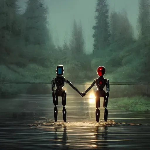 Prompt: Beautiful cinematic scene of a couple of two damaged and broken humanoid robots holding hands near a river, at night, peaceful, science fiction, award-winning, cinematic lighting, insanely detailed, very realistic, Artstation, Cgsociety, by Simon Stalenhag, directed by Denis Villeneuve, filmic