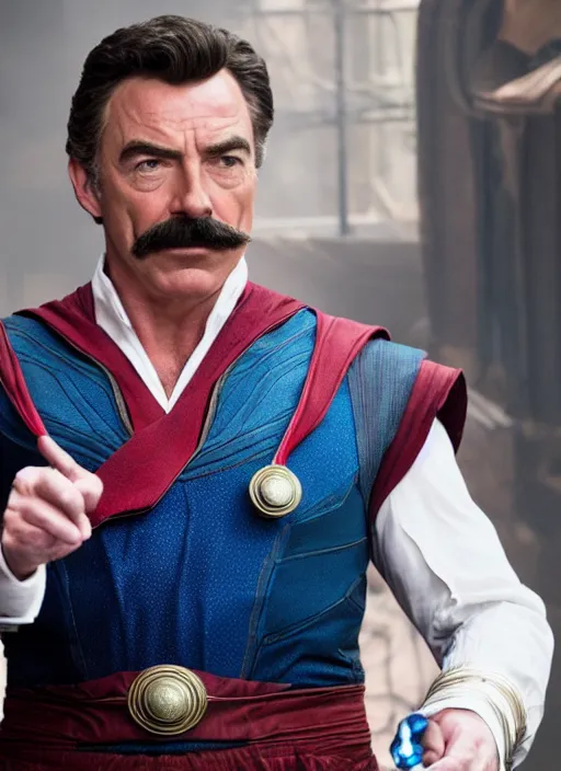 Image similar to film still of tom selleck as doctor strange in avengers endgame, 4 k