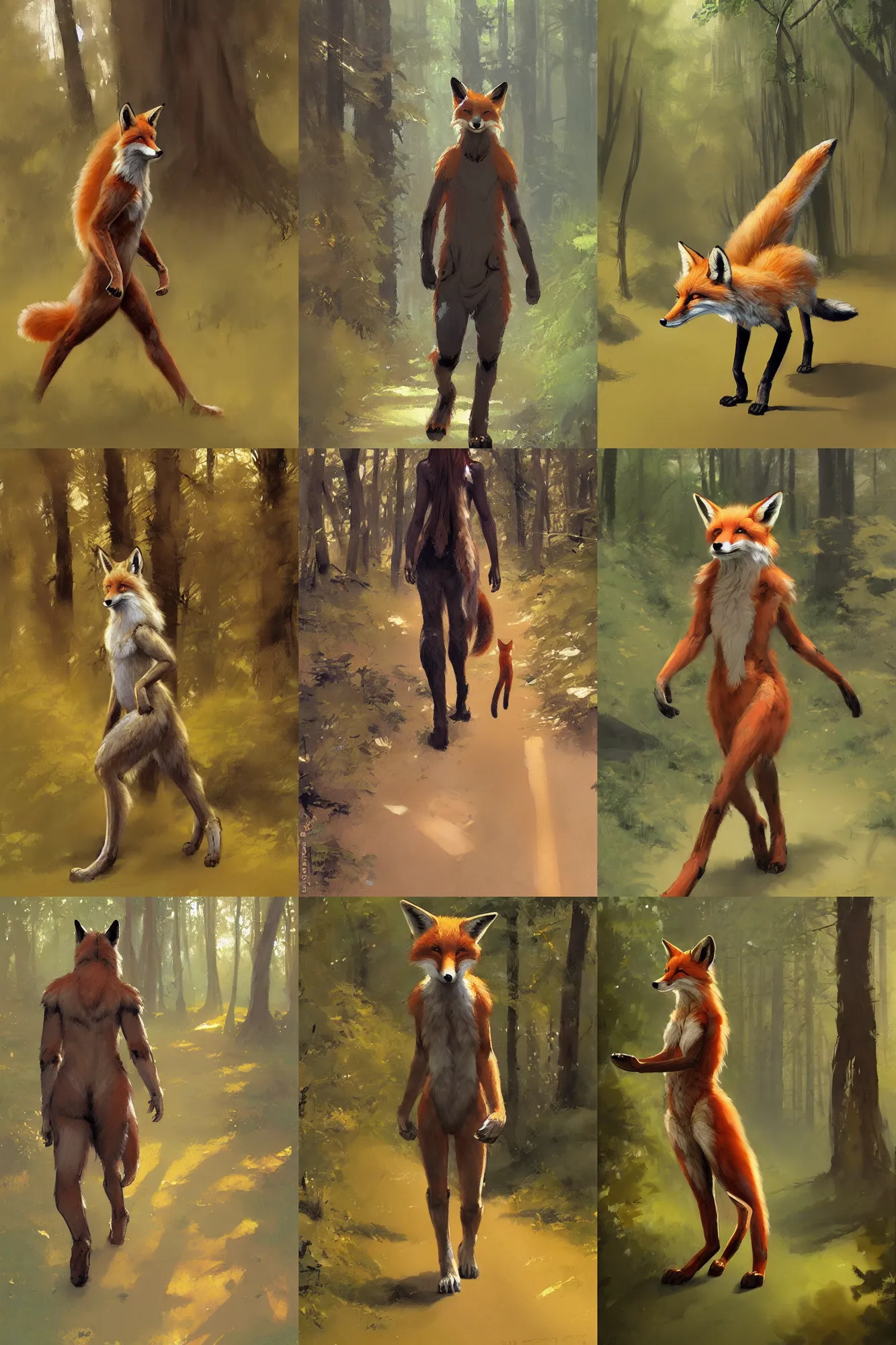 Prompt: anthro digitigrade natural - colored fox person, walking upright in a forest, greg rutkowski, gregory manchess