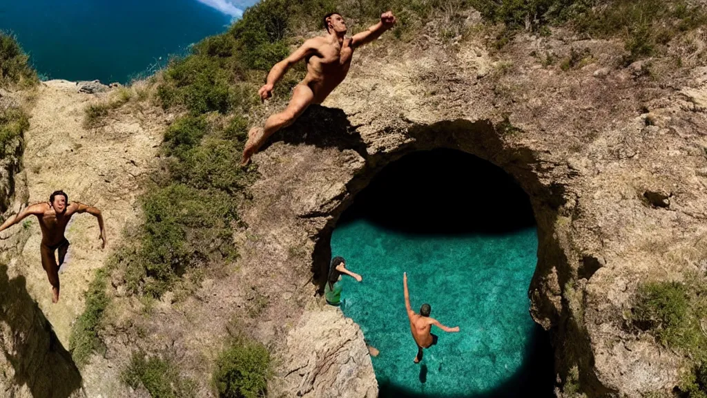 Image similar to a man cliff jumping into waters that are actually a portal to another dimension, film still from the movie directed by Denis Villeneuve with art direction by Salvador Dalí, wide lens