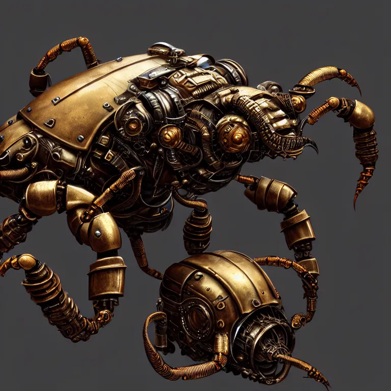 Image similar to steampunk robot scorpion, 3 d model, unreal engine realistic render, 8 k, micro detail, intricate, elegant, highly detailed, centered, digital painting, artstation, smooth, sharp focus, illustration, tomasz alen kopera, wlop