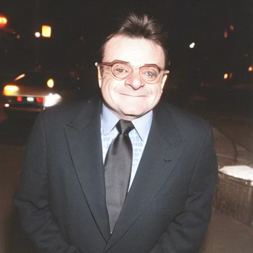 Image similar to 1 9 9 6 nathan lane wearing a black suit and necktie standing on the streets of chicago at night.