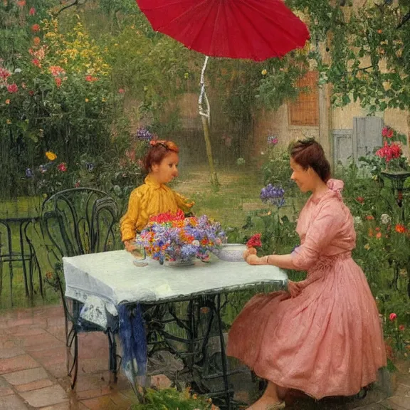 Image similar to a housewife and her daughter putting dishes on a table in the backyard, a tilted parasol sits above the table, a garden with colorful flowers in the background, rainy scene, cozy 1 9 5 0's, medium symmetry, by ilya repin, extreme detail, 8 k, intricate abstract, photorealistic