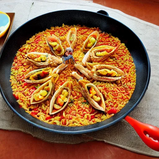 Prompt: paella valenciana, on the surface there are four small male dolls and two girls dolls