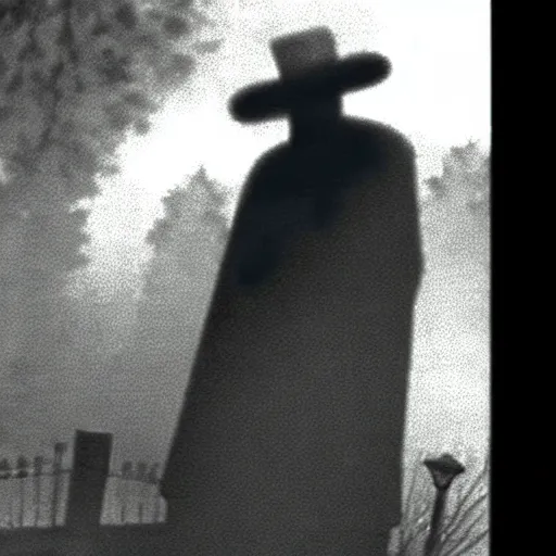 Image similar to cctv security cam grainy black and white footage of baron samedi in an spooky graveyard. baron samedi is wreathed in mist and shadow and is looking at the camera.