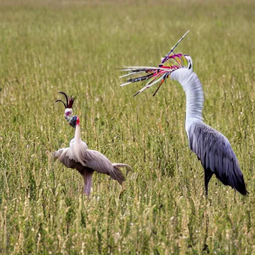 Image similar to secretary bird fighting an ostrich, in a cotton candy field