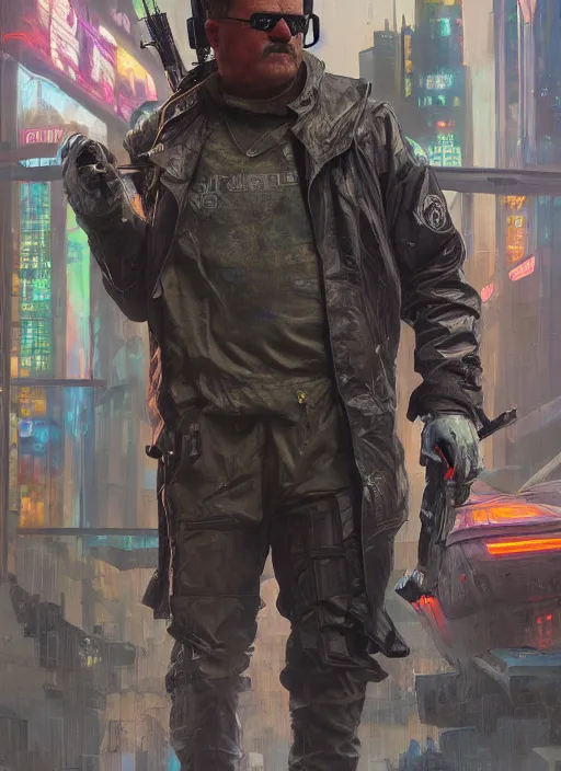 Image similar to Modern Teddy Roosevelt. Cyberpunk merc in tactical gear. plastic raincoat. blade runner 2049 concept painting. Epic painting by James Gurney, Azamat Khairov, and Alphonso Mucha. ArtstationHQ. painting with Vivid color. (rb6s, Cyberpunk 2077)