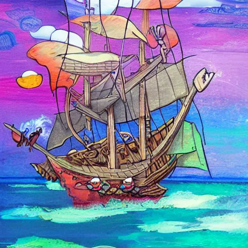 Image similar to pirate ship sailing, trending on artstation, colorful, intricate, art by aurore folny and ekaterina burmak