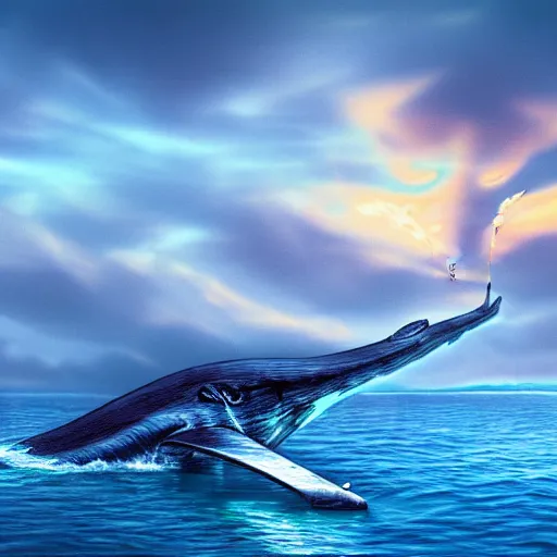Prompt: blue whale flying over a fishing village, dramatic illumination, digital art, very detailed, 4 k, high quality
