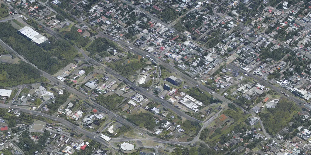 Image similar to satellite imagery of a low - rise city, with small woods and hills in the north with trailer park. in the south are buildings, a highway, shipping dock area, and monorail station.