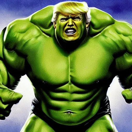 Prompt: a portrait of donald trump as the incredible hulk.