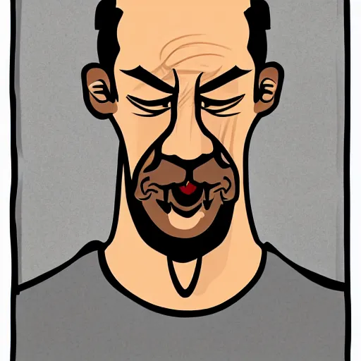 Image similar to bald man with big ears and a fumanchu beard drawn in the style of mike judge