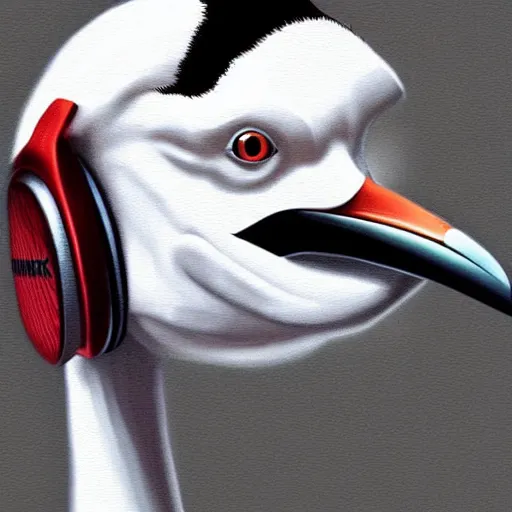 Image similar to portrait of a stork in a suit wearing headphones, high-quality digital art trending on Artstation