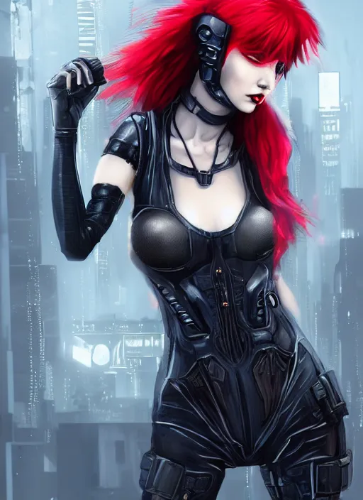 Image similar to a full body beautiful woman with red hair and blue eyes, wearing a cyberpunk outfit by hr giger, artgerm, sakimichan, weapons, electronics, high tech, cyber wear, latex dress, batwoman, bandage, concept art, fantasy, cyberpunk
