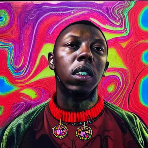 Image similar to dizzee rascal, intricate trippy oil painting