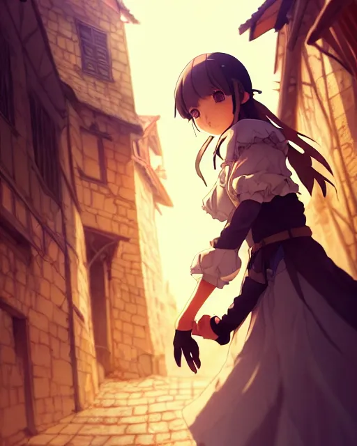 Image similar to pixiv, key anime visual portrait of a young female walking through a medieval village, dynamic pose, dynamic perspective, cinematic, dramatic lighting, detailed silhouette, film grain, yoshitaka amano, tending on artstation, face by yoh yoshinari, detailed, intricate