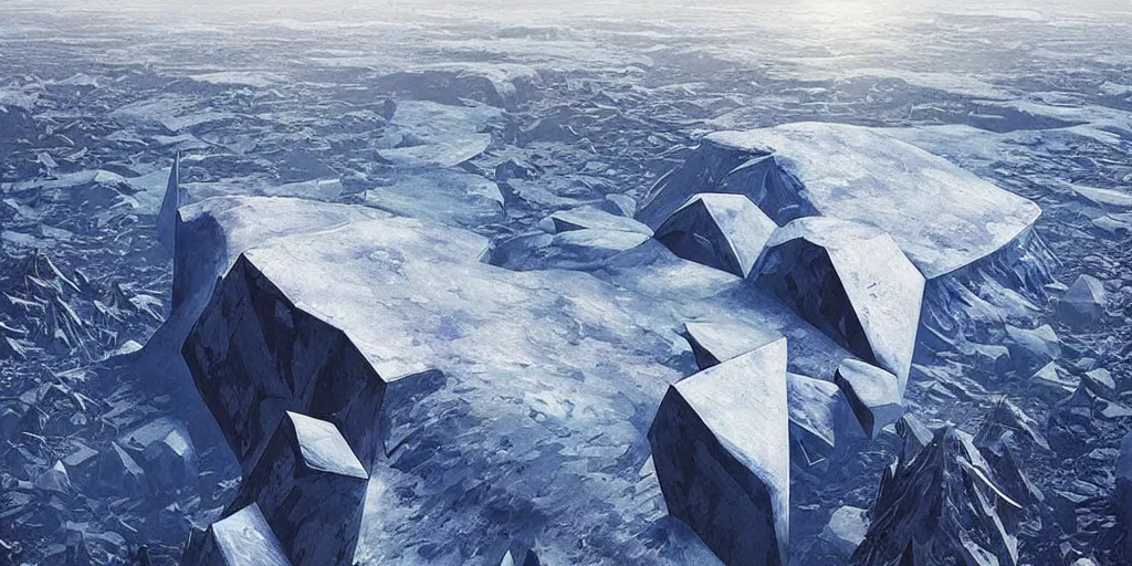 Image similar to “plane flying over an Antarctic mountain range, looking down onto a giant ancient cyclopean geometric stone city, by Greg Rutkowski”