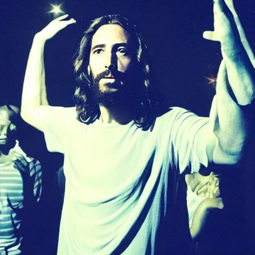 Image similar to jesus in a nightclub at a rave