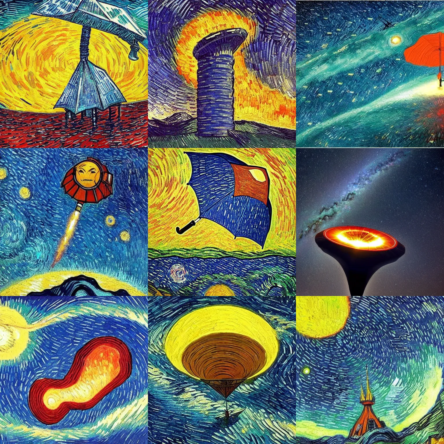 Prompt: giant spaceship shaped like an umbrella that is sucking a solar flare out of the sun to fuel the traveling world that is teeming with life in the style of vincent van gogh