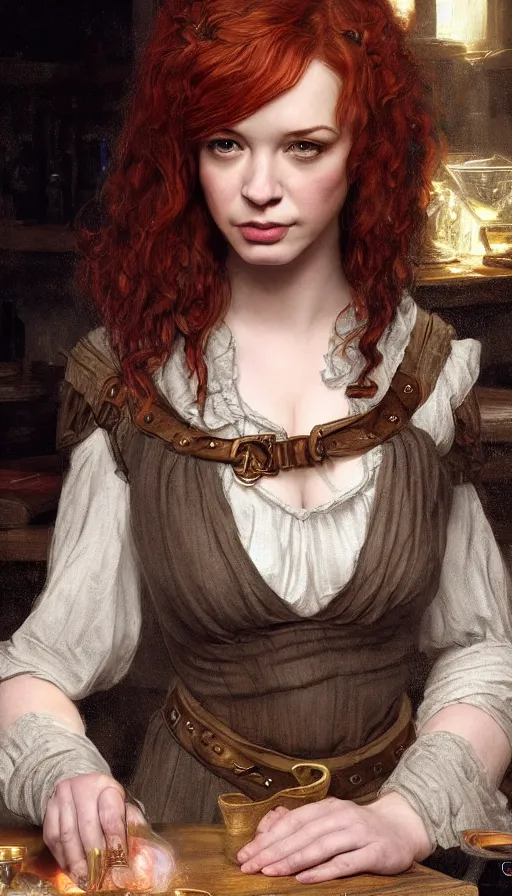 Prompt: young christina hendricks in a tavern, surprised expression on her face, she is surprised, warhammer, lord of the rings, intricate, highly detailed, digital painting, artstation, concept art, smooth, sharp focus, illustration, unreal engine 5, 8 k, art by artgerm and greg rutkowski and alphonse mucha