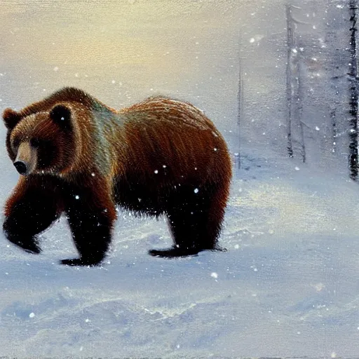 Image similar to grizzly bear in a snow storm, impressionism, artstation