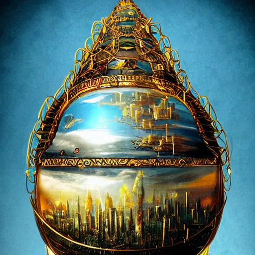 Image similar to enormous flying city in a faberge egg, sky, steampunk, fantasy art, masterpiece