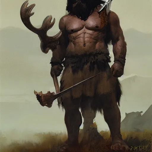 Image similar to hairy barbarian with moose head by greg rutkowski by frank frazetta