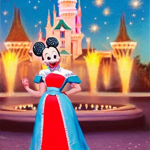 Image similar to beautiful bald chinese woman with pinup makeup wearing disneyland mouse ears standing in front of the disneyland castle at night, oil painting, highly detailed, theatrical lighting, sharp focus