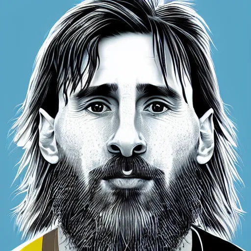 Image similar to illustration, Close-up portrait of Lionel Messi, long silver hair with a long beard, big nose, wearing a barca cape, katsuhiro tomo