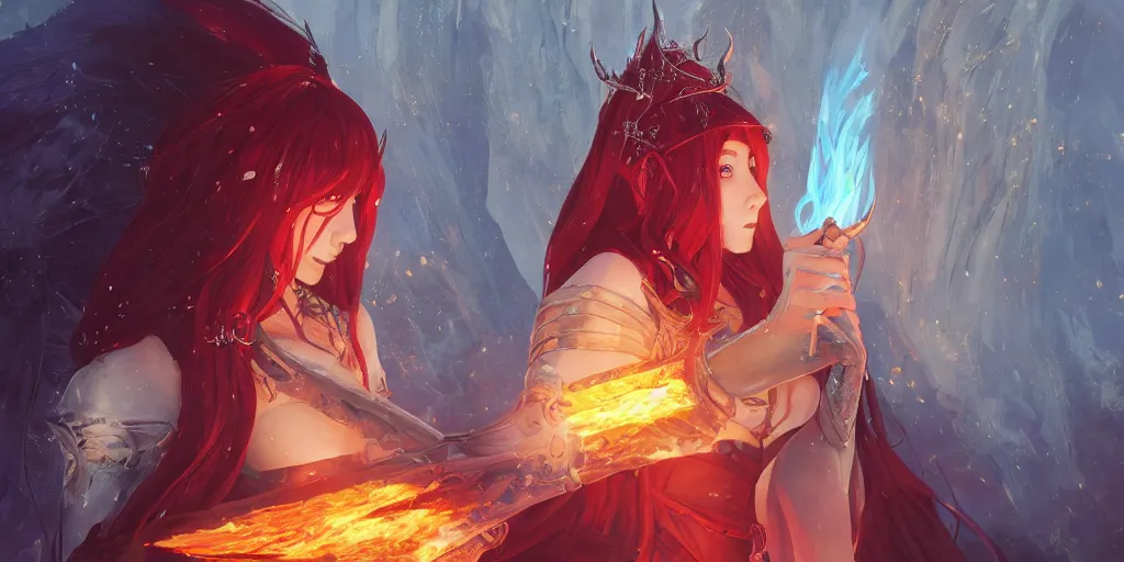 Image similar to an elven sorceress with red long hair in a very good beautiful heavy scale armor, wearing a cape, casting a fire spell, dungeon background, magical, bright, colorful, fantastic lighting, amazing details, 4 k uhd, illustration by hayao miyazaki and makoto shinkai and ilya kuvshinov, artstation, pixiv,