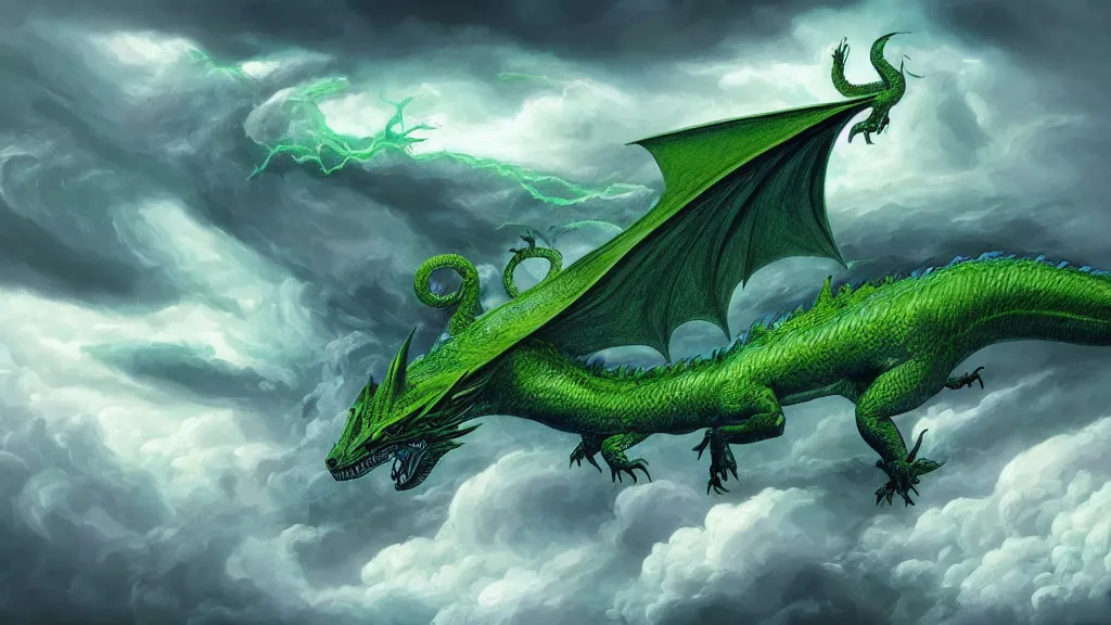 Image similar to surrealist painting of a huge green dragon flying through a stormy cloudy sky, lightning striking all around it, blue and green color scheme, fantasy artwork, award winning, hyper detailed, very very very beautiful, studio lighting, artstation