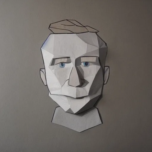 Image similar to a 2 d flat paper portrait of a man with wavey short hair, made from paper, friedly smile, raised eyebrows, ambient light, shadow art