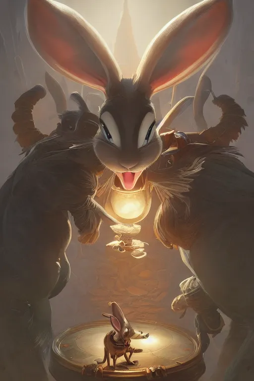 Image similar to cinematic stills of bugs bunny, deep focus, d & d, fantasy, intricate, elegant, highly detailed, digital painting, artstation, concept art, matte, sharp focus, illustration, hearthstone, art by artgerm and greg rutkowski and alphonse mucha