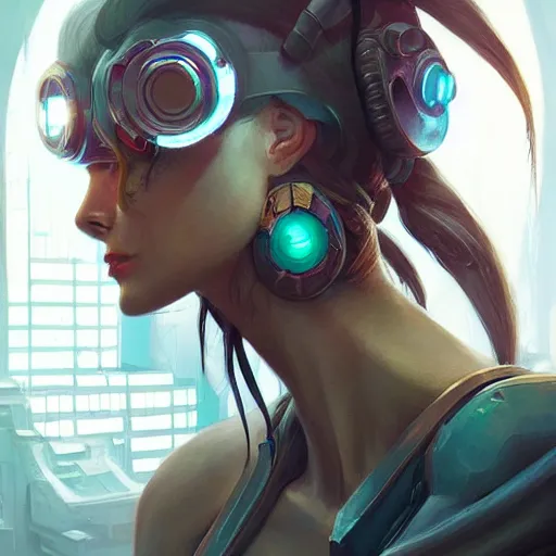 Image similar to portrait of cyberpunk woman looking out of a window, cyberpunk setting, futuristic, highly detailed, intricate lighting, digital painting, sharp focus, illustration, trending on artstation, art by peter mohrbacher.