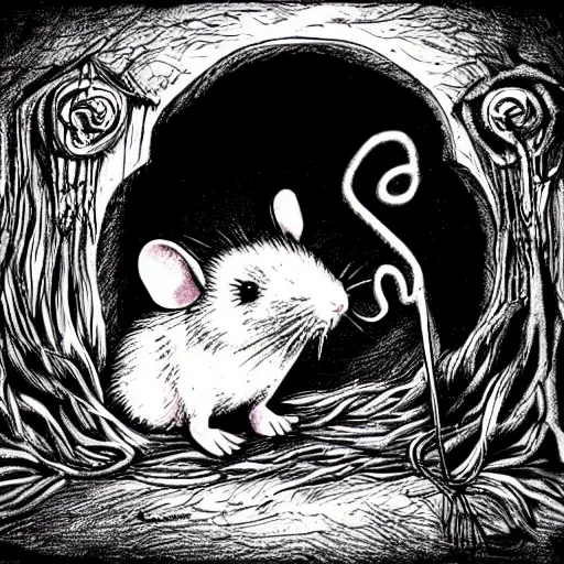 Image similar to fluffal mouse inside creepy scary nightmare atmosphere, realsitic