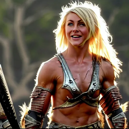 Image similar to julianne hough as a barbarian warrior, battle scene