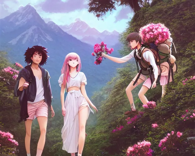 Image similar to a cinematic boy girl traditional romance moment of a group of university friends hiking wearing boho clothing and peonies, full body illustration,bestselling movie art poster, official media, 1970s fashion, official anime media, incredible art by artgerm and greg rutkowski and doja cat