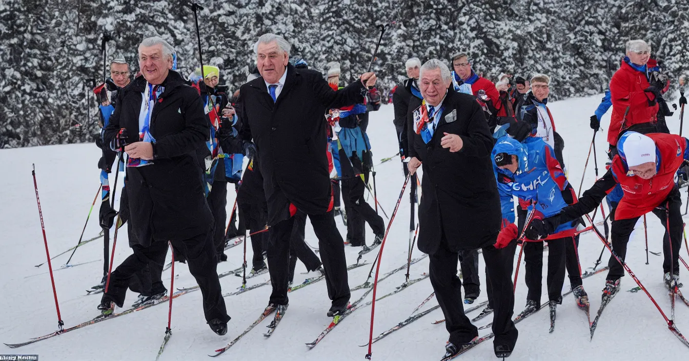 Prompt: czech president milos zeman wins in a race in cross - country skiing, photorealism, journalistic photography, super detail, composition, qualitative photography