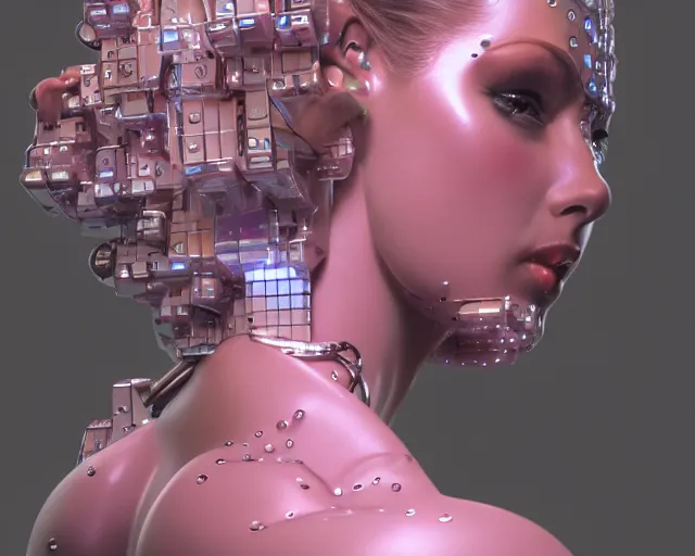 Prompt: beauty woman made of small cubes and lasers, very detailed, dramatic lighting, mechanical details, electrical details, high details, 4k, 8k, trending on artstation, by Hajime Sorayama and Boris Vallejo