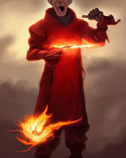 Prompt: squidward wearing fire nation clothing and practicing firebending outside at susnset, greg rutkowski