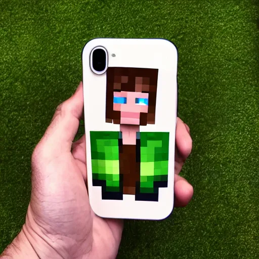 Image similar to minecraft steve!!!! holding!!!!! an iphone in his hand!!!!!!, 4 k, 8 k, photorealistic imagery