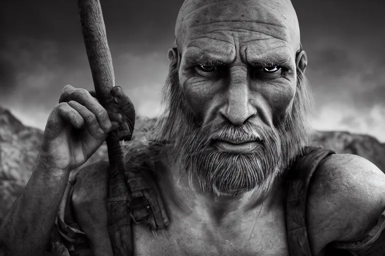 Image similar to still photo of stone age man looking at the camera in a battlefield, black and white color aesthetic, highly detailed, photorealistic portrait, bright studio setting, studio lighting, crisp quality and light reflections, unreal engine 5 quality render