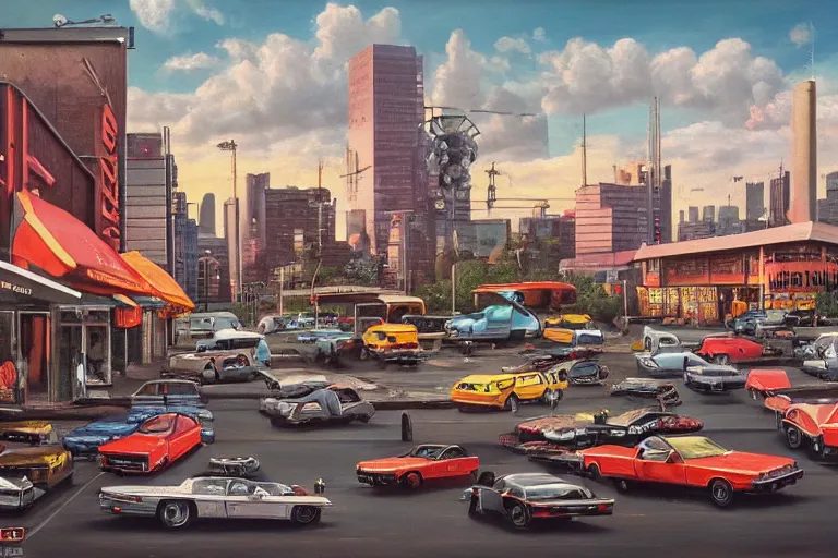 Image similar to 4 k hyper realistic oil painting of 1 9 8 0 s city with old cars and a big speaker array in the sky booming heavy metal music, detailed painting in the style of axel aabrink